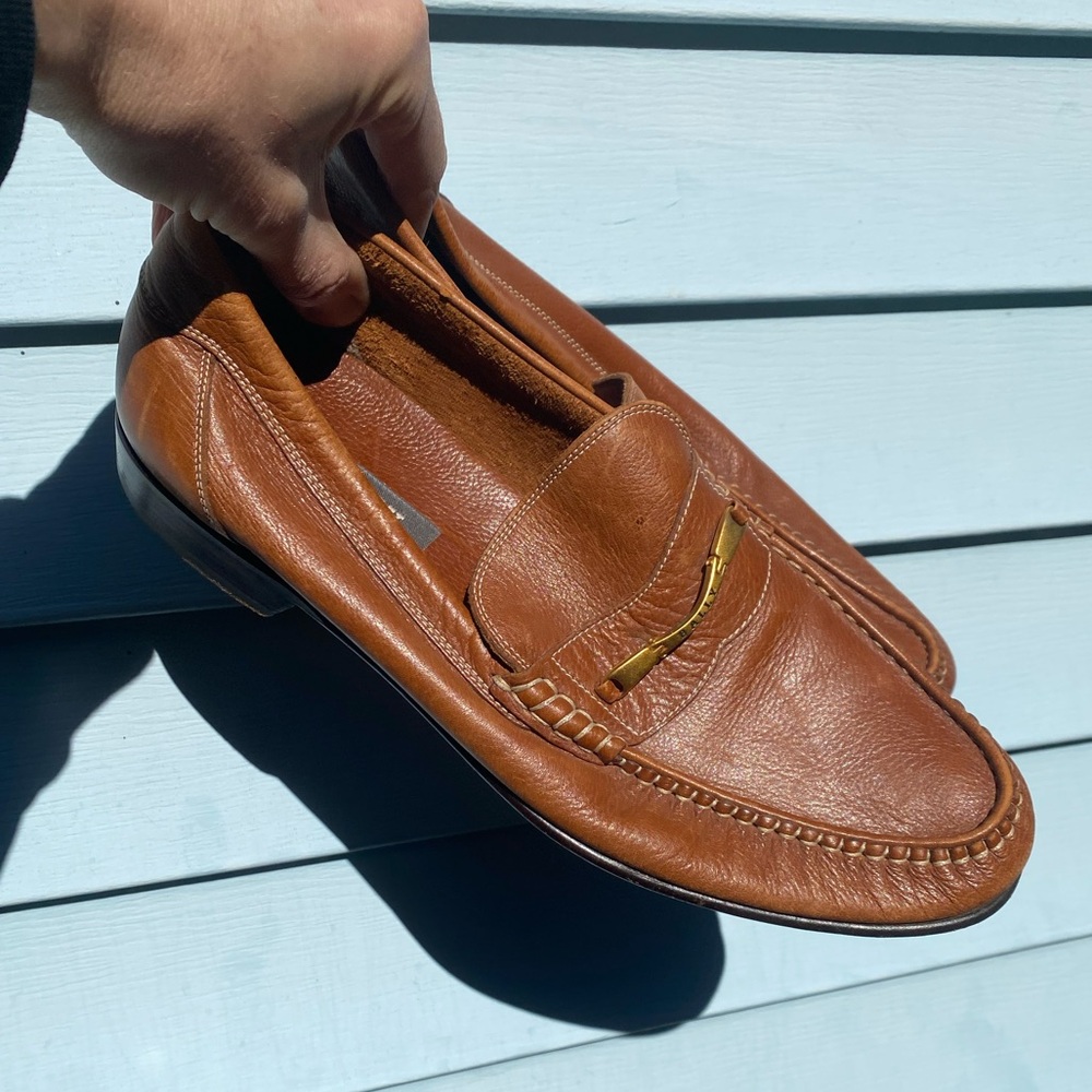 Vintage Bally Switzerland Brown Leather Slip-On Loafers with Gold logo accent
